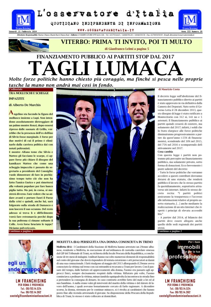 L'osservatore d'Italia edizione del 21 Febbraio 2014